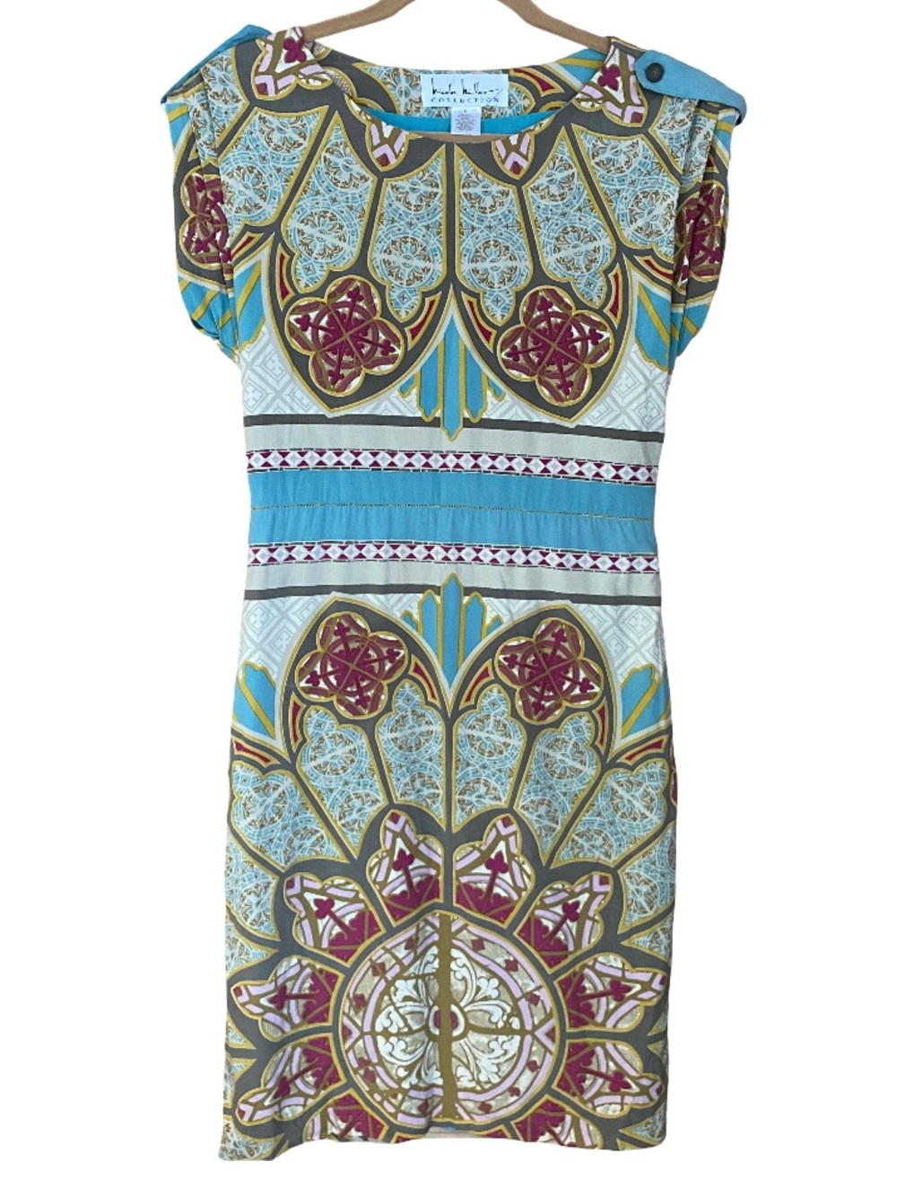 Nicole Miller Collection silk blend art deco medallion sheath dress size US 6